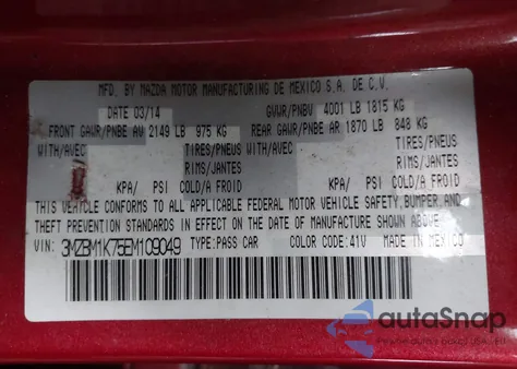 2014 Mazda Mazda3 I Sport из США, поврежденный, VIN 3MZBM1K75EM109049